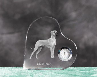 Great Dane- crystal clock in the shape of a heart with the image of a pure-bred dog.