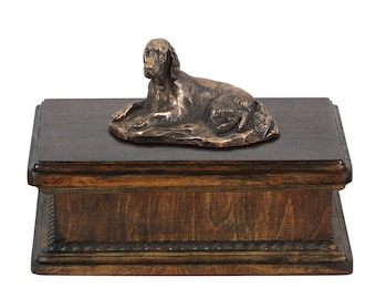 Exclusive Urn for dog’s ashes with a Setter lying statue, ART-DOG. New model Cremation box, Custom urn.
