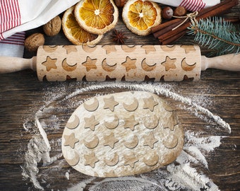 Engraved rolling pin. Original shape. NIGHT pattern. Laser Engraved for cookies. Decorating roller