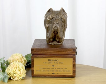 Mastino Napolitano urn for dog's ashes, Urn with engraving and sculpture of a dog, Urn with dog statue and engraving, Custom urn for a dog