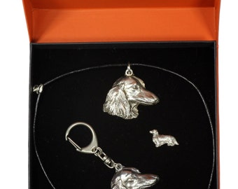 NEW, Teckel Longhaired, dog keyring, necklace and pin in casket, PRESTIGE set, limited edition, ArtDog . Dog keyring for dog lovers