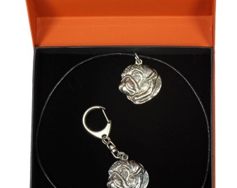 NEW, Pug, dog keyring and necklace in casket, PRESTIGE set, limited edition, ArtDog . Dog keyring for dog lovers