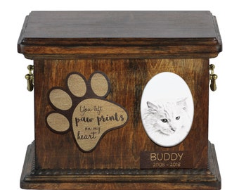 Urn for cat ashes with ceramic plate and sentence - Turkish Angora, ART-DOG Cremation box, Custom urn.