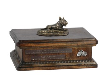 Exclusive Urn for dog ashes with a Bull Terrier lying happy statue, relief and inscription. ART-DOG. New model. Cremation box, Custom urn.