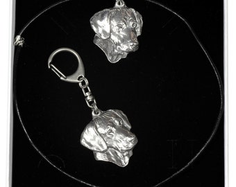 NEW, Rhodesian Ridgeback, African Lion Boy, African Lion Girl, dog keyring and necklace in casket, ELEGANCE set, limited edition, ArtDog