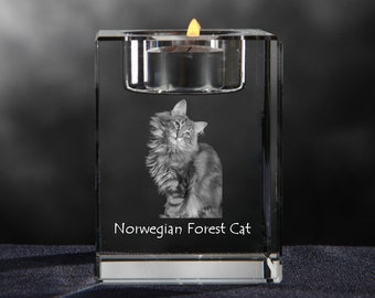 Norwegian Forest cat, crystal candlestick with cat, souvenir, decoration, limited edition, Collection