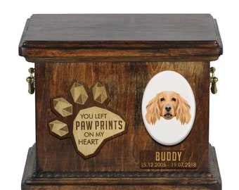 Urn for dog ashes with ceramic plate and sentence - Geometric English Cocker Spaniel, ART-DOG. Cremation box, Custom urn.