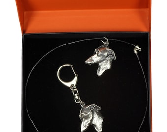 NEW, Italian Greyhound, dog keyring and necklace in casket, PRESTIGE set, limited edition, ArtDog . Dog keyring for dog lovers