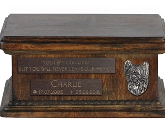 Urn for dog’s ashes with relief and sentence with your dog name and date - Skye Terrier, ART-DOG. Low model. Cremation box, Custom urn.