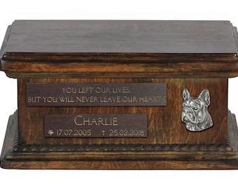 Urn for dog’s ashes with relief and sentence with your dog name and date - French Bulldog, ART-DOG. Low model. Cremation box, Custom urn.