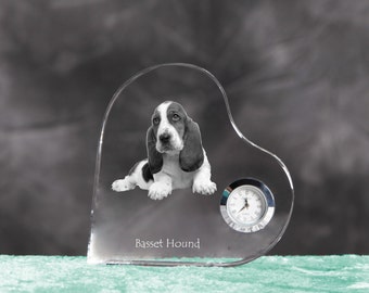 Basset Hound- crystal clock in the shape of a heart with the image of a pure-bred dog.