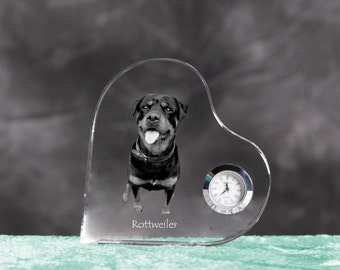 Rottweiler- crystal clock in the shape of a heart with the image of a pure-bred dog.