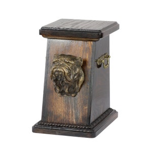 Urn for dog’s ashes with a English Bulldog statue, ART-DOG Cremation box, Custom urn.
