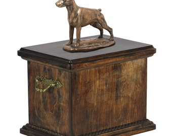 Urn for dog’s ashes with a Dobermann cropped statue, ART-DOG Cremation box, Custom urn.