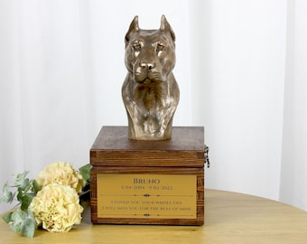 American Staffordshire terrier(bigger) urn for dog's ashes, Urn with engraving and sculpture of a dog, Custom urn for a dog