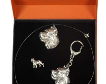 NEW, Cane Corso, dog keyring, necklace and pin in casket, PRESTIGE set, limited edition, ArtDog . Dog keyring for dog lovers