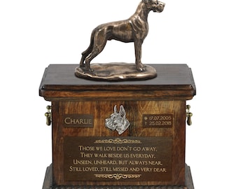 Great Dane cropped - Exclusive Urn for dog ashes with a statue, relief and inscription. ART-DOG. Cremation box, Custom urn.