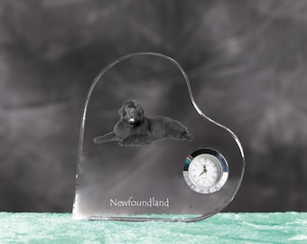 Newfoundland- crystal clock in the shape of a heart with the image of a pure-bred dog.