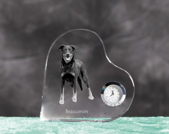 Beauceron- crystal clock in the shape of a heart with the image of a pure-bred dog.