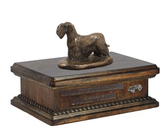 Exclusive Urn for dog ashes with a Cesky Terrier statue, relief and inscription. ART-DOG. New model. Cremation box, Custom urn.