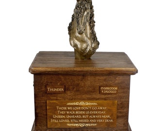 Friesian horse Big Urn for Horse Ashes, Urn with Name, Dates and Quote, Memorial with Statue on Top, Wooden Urn, Customizable Urn for horse