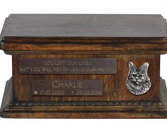 Urn for cat’s ashes with relief and sentence with your cat name and date - Maine Coon, ART-DOG. Low model. Cremation box, Custom urn.