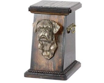 Urn for dog’s ashes with a Boxer uncropped statue, ART-DOG Cremation box, Custom urn. Cremation box, Custom urn.