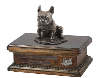 Exclusive Urn for dog ashes with a French Bulldog sitting statue, relief and inscription. ART-DOG. New model. Cremation box, Custom urn.