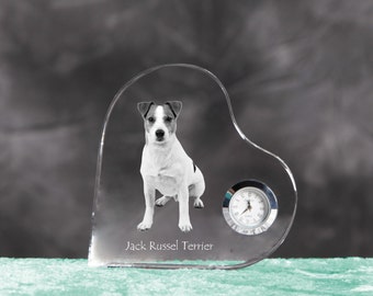 Jack Russell Terrier- crystal clock in the shape of a heart with the image of a pure-bred dog.