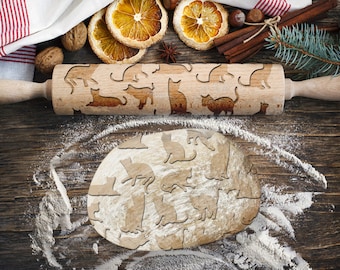 Engraved rolling pin. Original shape. CAT pattern. Laser Engraved for cookies. Decorating roller