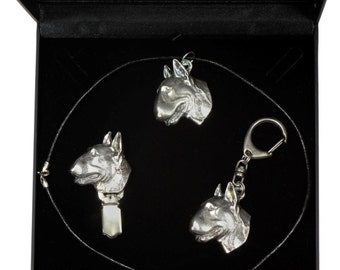 NEW, Bull Terrier, dog keyring, necklace and clipring in casket, DELUXE set, limited edition, ArtDog . Dog keyring for dog lovers