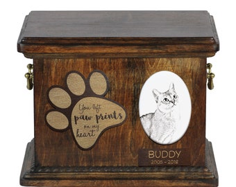 Urn for cat ashes with ceramic plate and sentence - Singapura cat, ART-DOG Cremation box, Custom urn.