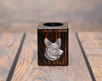 Welsh corgi cardigan  - Wooden candlestick with dog, souvenir, decoration, limited edition, Collection