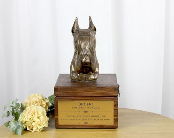 Schnauzer urn for dog's ashes, Urn with engraving and sculpture of a dog, Urn with dog statue and engraving, Custom urn for a dog