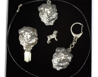 NEW, Rottweiler, dog keyring, necklace, pin and clipring in casket, ELEGANCE set, limited edition, ArtDog . Dog keyring for dog lovers