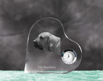 Brazilian Mastiff- crystal clock in the shape of a heart with the image of a pure-bred dog.