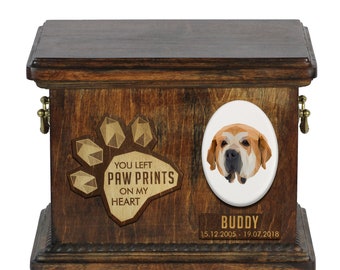 Urn for dog ashes with ceramic plate and sentence - Geometric Spanish Mastiff, ART-DOG. Cremation box, Custom urn.