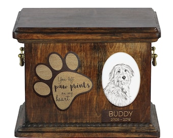 Urn for dog’s ashes with ceramic plate and description - Pyrenean Shepherd, ART-DOG Cremation box, Custom urn.