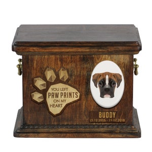 Urn for dog ashes with ceramic plate and sentence - Geometric Boxer, ART-DOG. Cremation box, Custom urn.