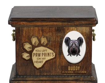 Urn for dog ashes with ceramic plate and sentence - Geometric Skye Terrier, ART-DOG. Cremation box, Custom urn.