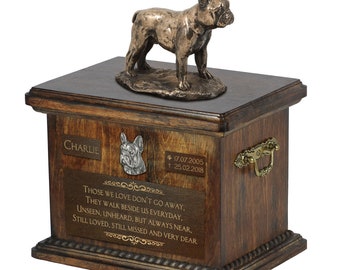 French Bulldog - Exclusive Urn for dog ashes with a statue, relief and inscription. ART-DOG. Cremation box, Custom urn.
