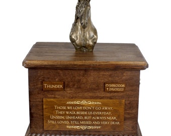 Friesian horse Big Urn for Horse Ashes, Urn with Name, Dates and Quote, Memorial with Statue on Top, Wooden Urn, Customizable Urn for horse