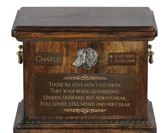 Urn for dog’s ashes with relief and sentence with your dog name and date - Dachshund longhaired, ART-DOG. Cremation box, Custom urn.