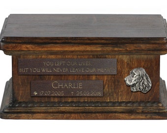 Urn for dog’s ashes with relief and sentence with your dog name and date - English Springer Spaniel, ART-DOG. Low model.