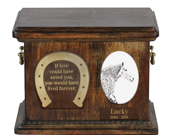 Urn for horse ashes with ceramic plate and sentence - Percheron, ART-DOG. Cremation box, Custom urn.
