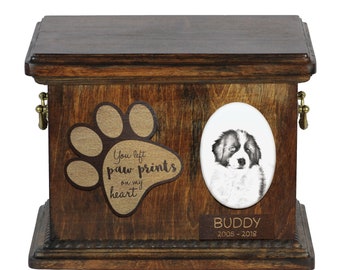 Urn for dog’s ashes with ceramic plate and description - Tornjak, ART-DOG Cremation box, Custom urn.