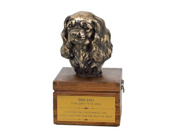 King Charles Spaniel urn for dog's ashes, Urn with engraving and sculpture of a dog, Urn with dog statue and engraving, Custom urn for a dog