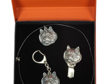 NEW, Norwich Terrier, dog keyring, necklace and clipring in casket, PRESTIGE set, limited edition, ArtDog . Dog keyring for dog lovers