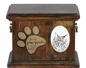 Urn for cat ashes with ceramic plate and sentence - Maine Coon, ART-DOG Cremation box, Custom urn.