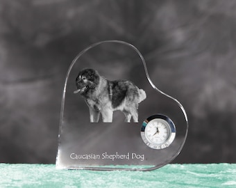 Caucasian Shepherd Dog - crystal clock in the shape of a heart with the image of a pure-bred dog.